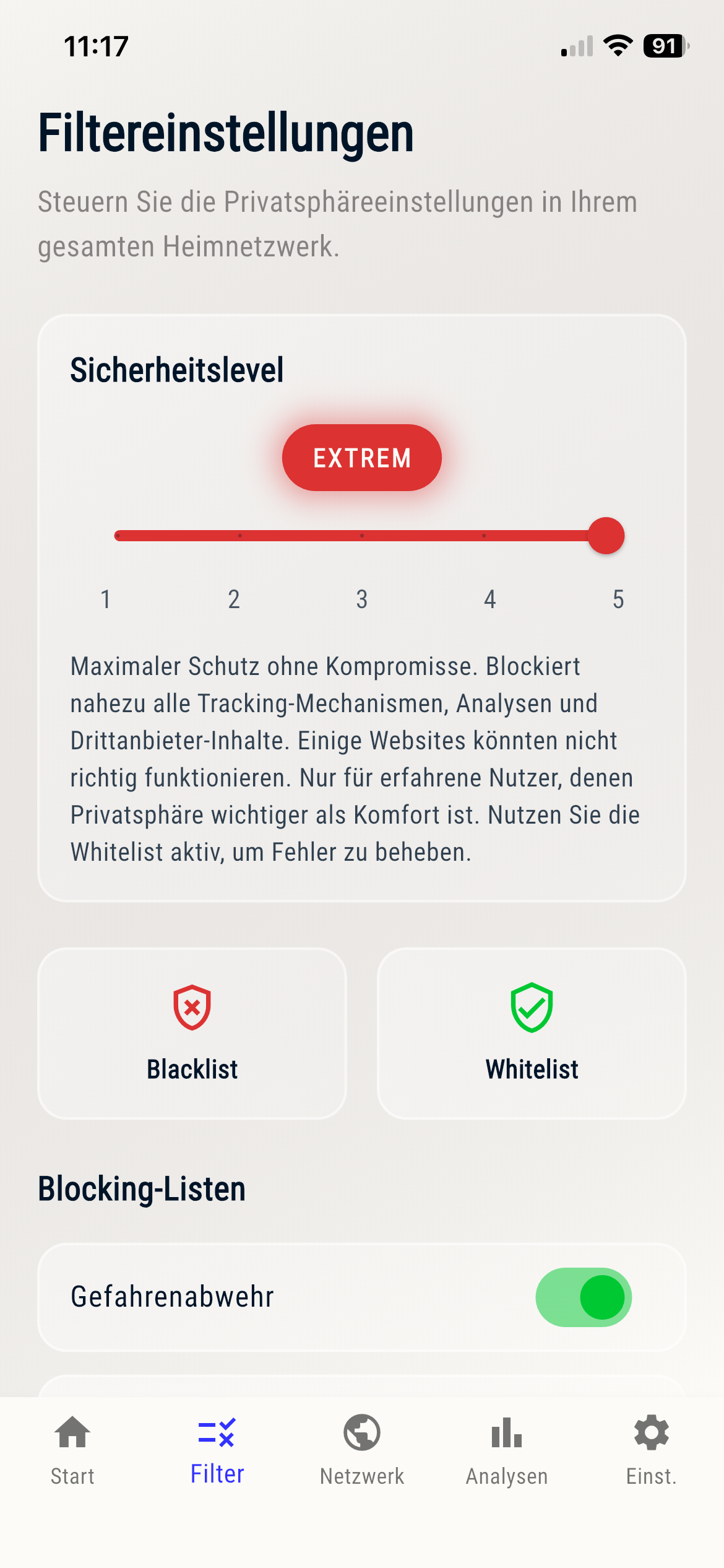 Filteransicht der Network Ninja App