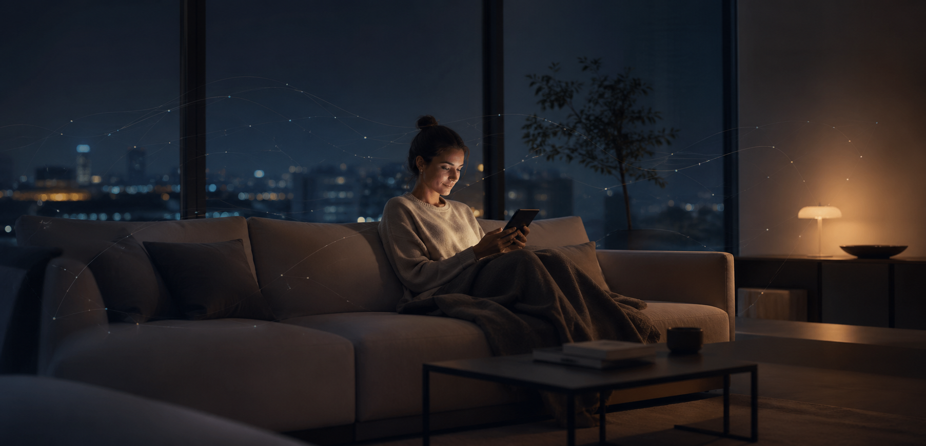 Ruhige Wohnzimmerszene mit Person am Smartphone als Visual für unsichtbare Datenflüsse im Zuhause.