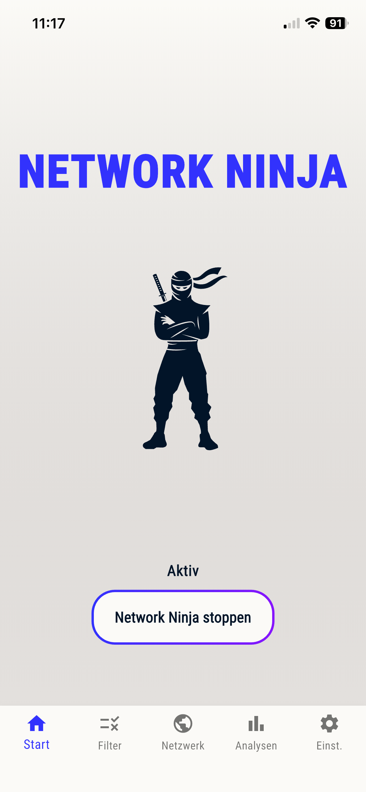 Startansicht der Network Ninja App